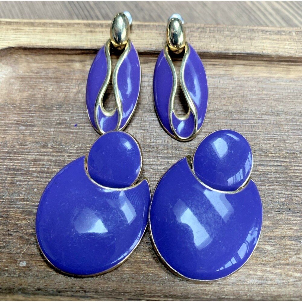 Vintage Purple Enamel Statement Earring Lot Gold Tone Doorknocker Bold Retro